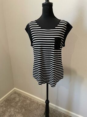 Calvin Klein Black and White Striped Cap-Sleeve Top